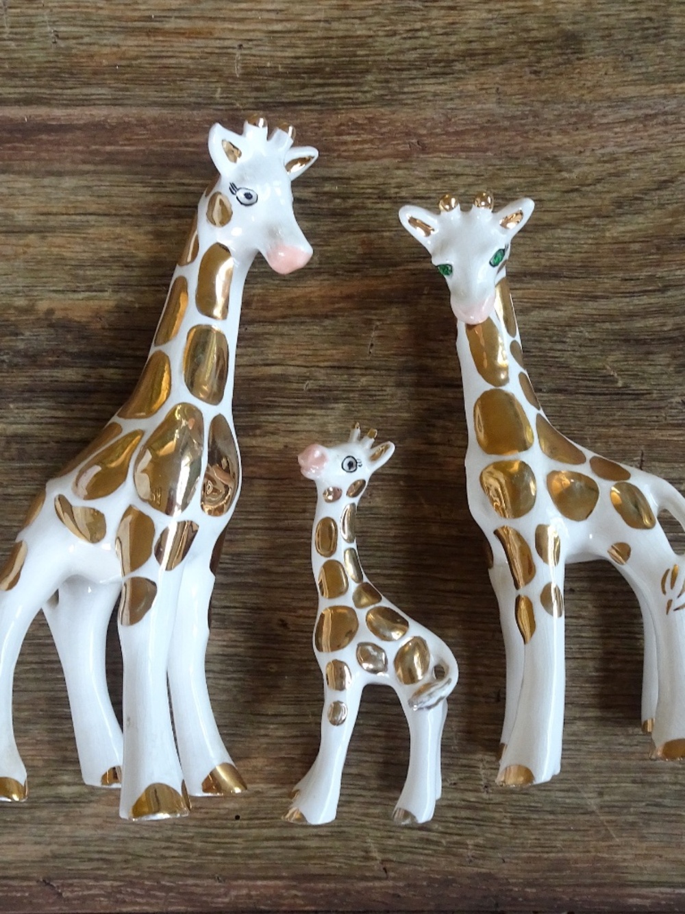 Vintage White & 22k Gold Paint Ceramic Giraffes - 3 Collectible Animal Figurines